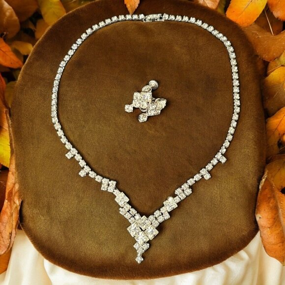 1950s Rhinestone Choker‎ Necklace Earring Set Screwback Art Deco Formal Wedding